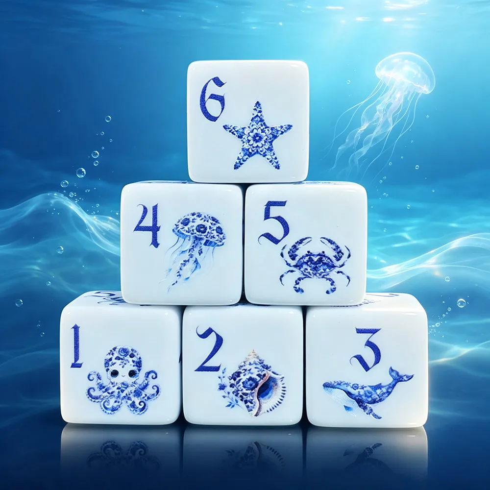 12Pcs Blue Ocean Dice, Sea Creature 6-Sided Printed Dice, Coastal Decor Gift For Ocean Fans Board Game Table Gaming Gear