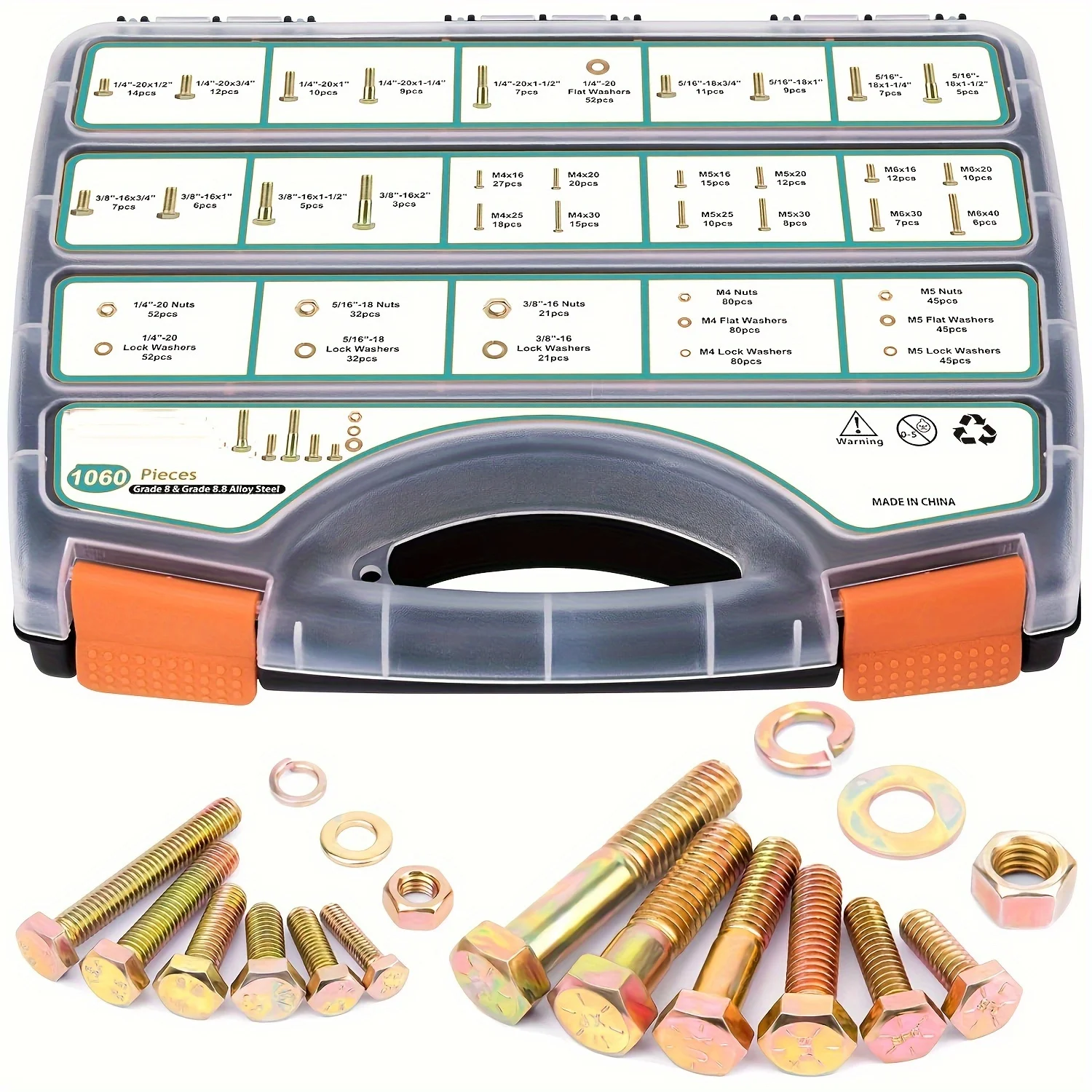 

1060PCS SAE & Metric Bolts Nuts Assortment Kit 1/4-20 5/16-18 3/8-16 and M6 M5 M4 Heavy Duty Assorted Hex Bolts Washers Nuts