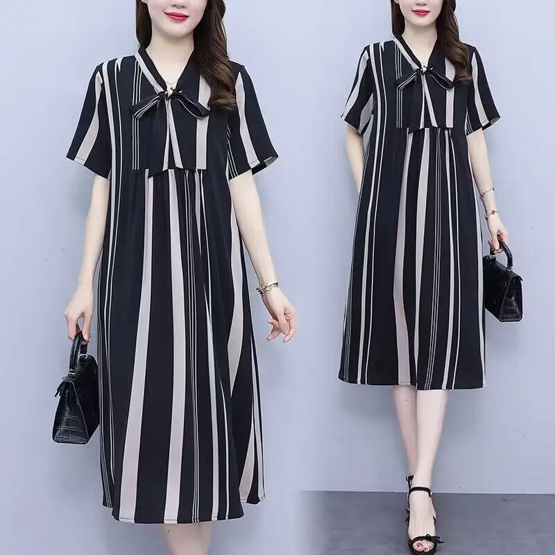 Women Summer Fashion Elegant Large Size Bow Loose V-neck Short Sleeve Midi Dress Women Clothes Casual Printing Striped Tops