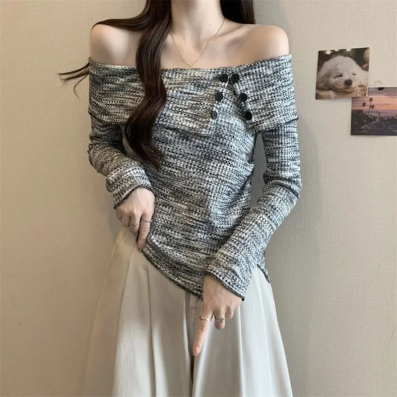 

Elegant Slash Neck T-shirt Female Clothing French Style Chic Irregular Spring Autumn Spliced Button Slim Long Sleeve Pullovers