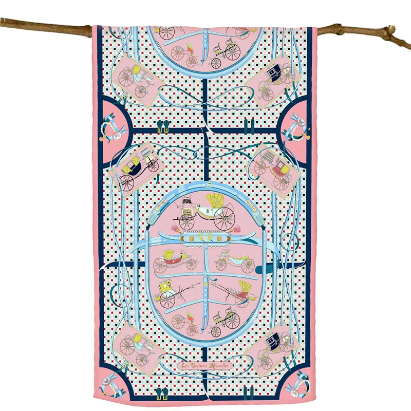 POBING-bufanda de seda de sarga para mujer, Poncho con estampado de carruaje de caballo, pañuelo largo, chal grande, Hijabs enrollados