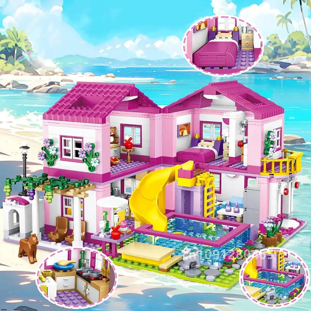 Cidade rua vista casa férias de verão villa castelo bloco de construção meninas série piscina tijolos diy montado brinquedos crianças presente