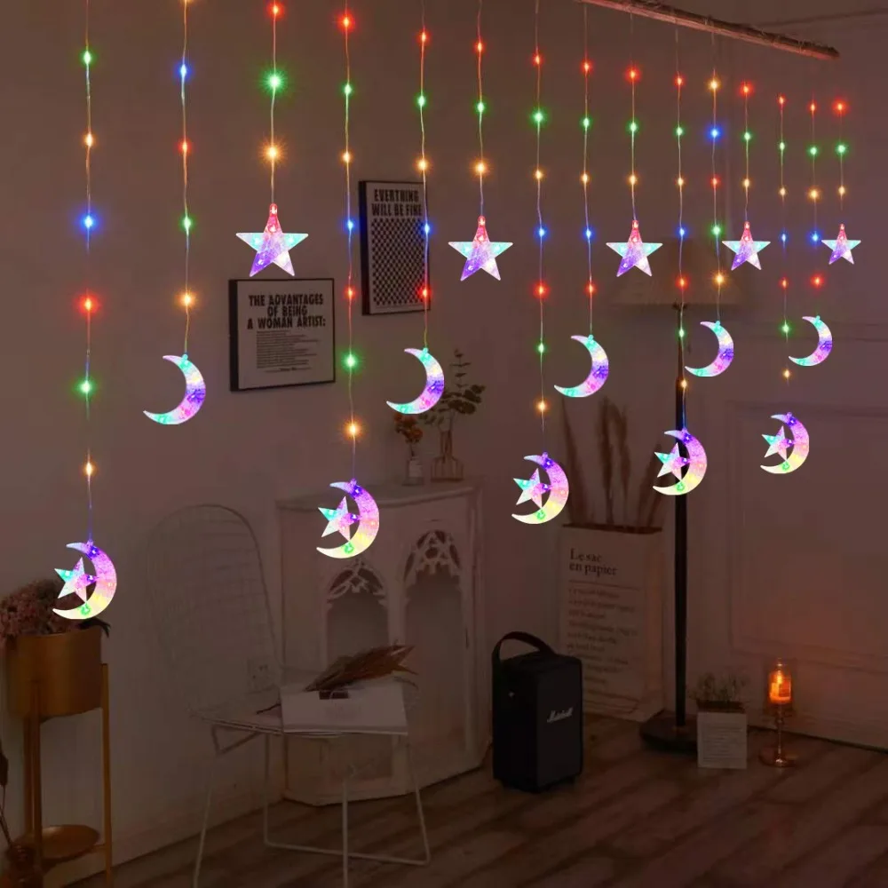 Moon/Star/Love Heart Christmas Lights LED String Lights Fairy Curtain Light for Holiday Wedding Party Room Decoration Strip Lamp