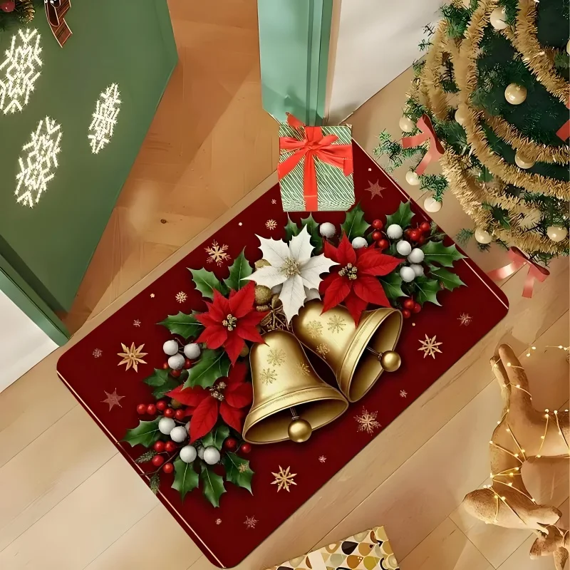 1pc 2D Flat Christmas Rug, Golden Bells Poinsettia Holly Berries Red Background Print, Machine Washable, Soft, for Entryway
