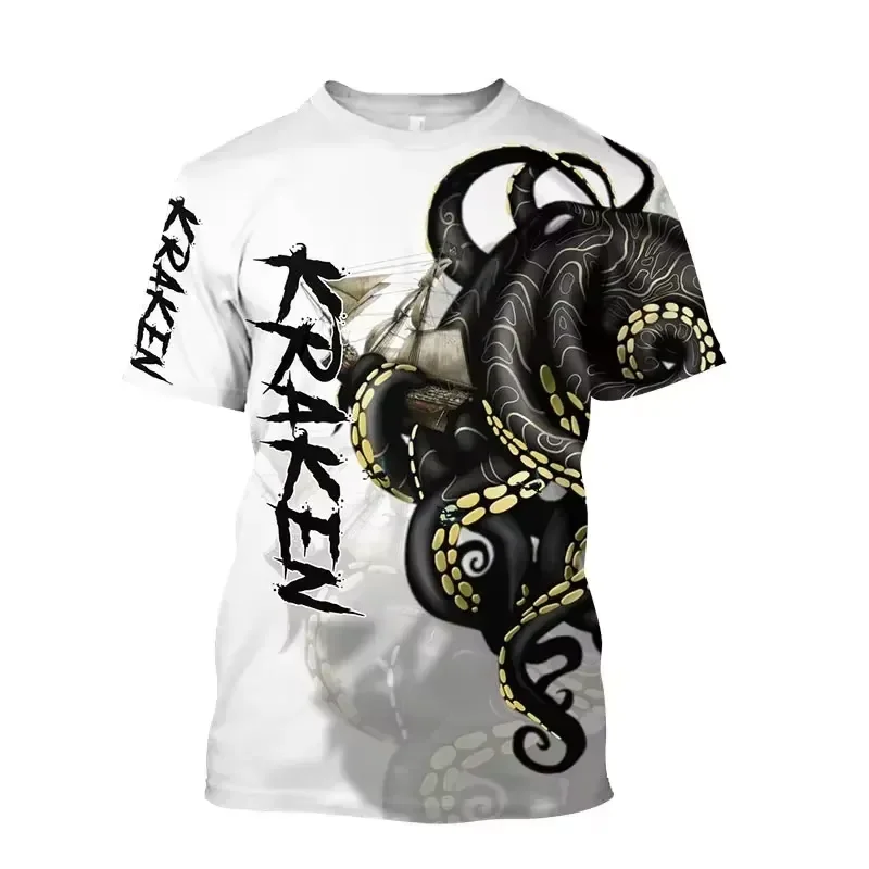 Men's Tentacle Organism Pattern T Shirt Retro Ocean Animal 3D Printed Loose Tee Round Neck Short Sleeve Streetwear Top