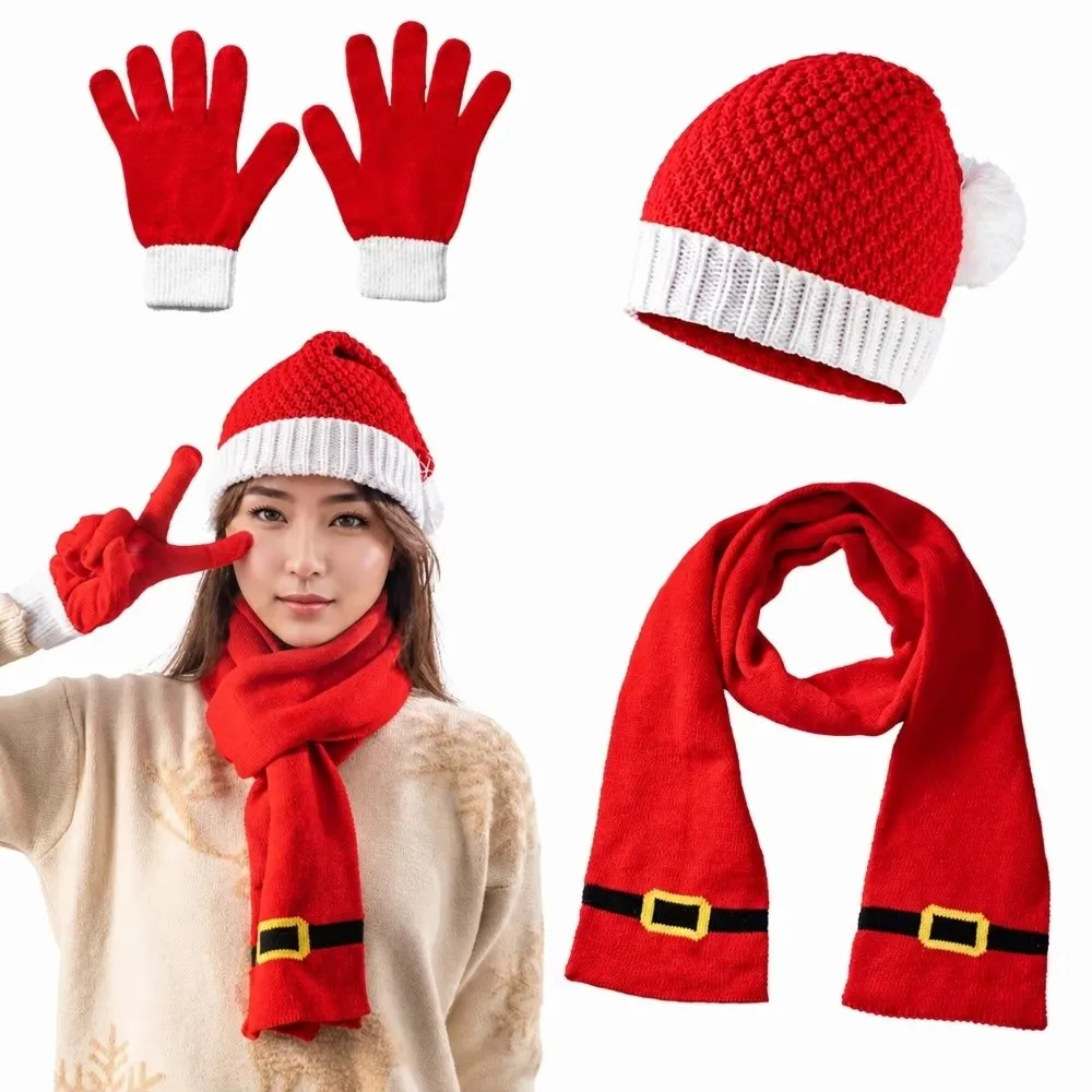 Thermal Yarn Christmas Hat Scarf Gloves Striped Pattern Xmas Beanie Pom Bright Colors Knitted Holiday Scarf Winter Travel