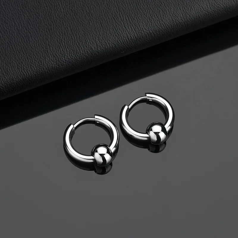 2pcs Stainless Steel Hoop Earrings For Men Small Circle Metal Ball Anti-allergic Ear Buckle Rock Hip Hop Artificial Jewelry