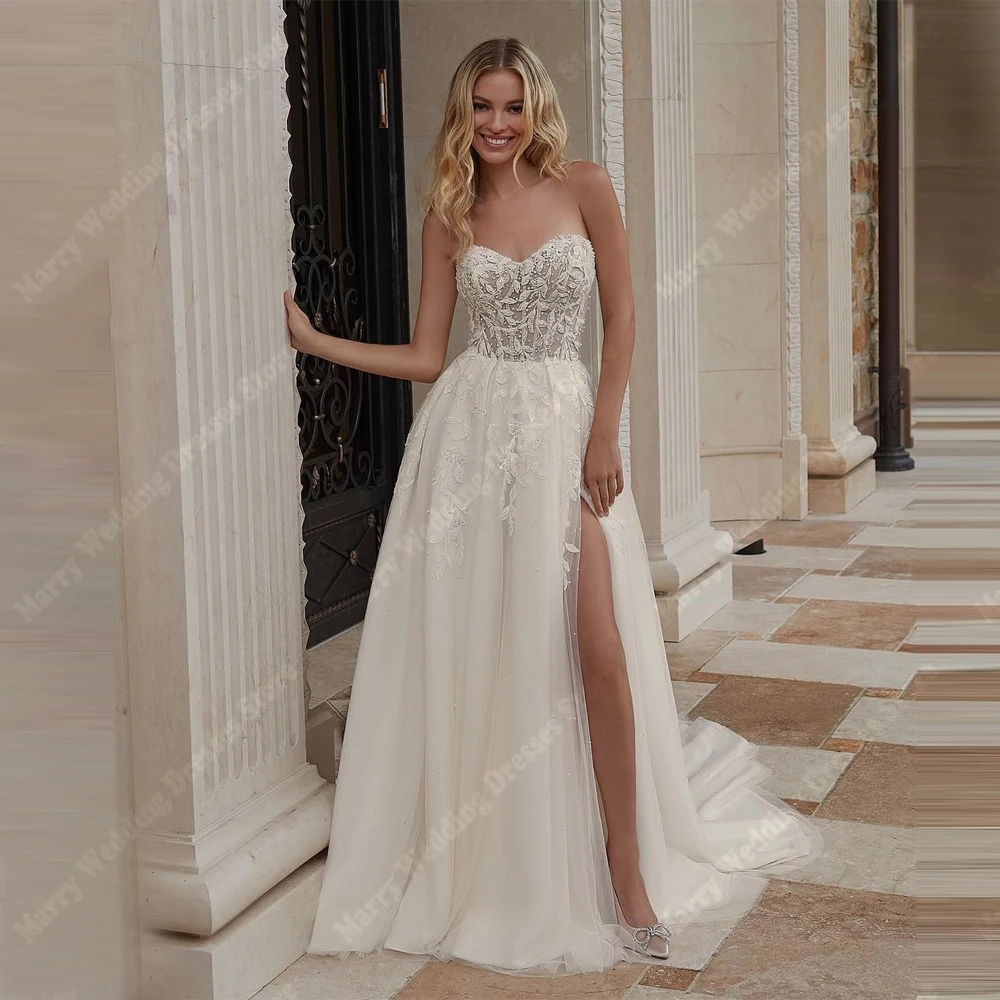 

Glitter A-Line Wedding Dresses Sweetheart Collar Tulle Sleeveless Bridal Gowns Mopping Length Ball Vestidos De Novias Customized