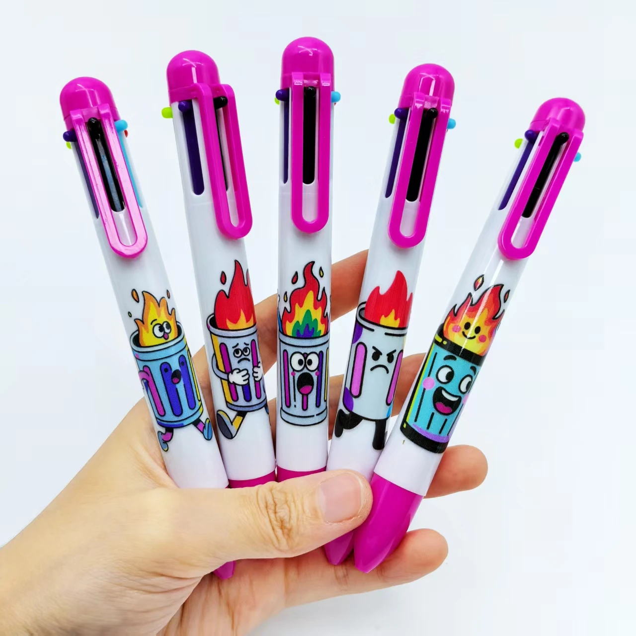 10 قطعة/15 قطعة الإبداعية سلة المهملات النار قلم حبر جاف لهب سلة المهملات متعدد الألوان الصحافة القلم ستة في واحد قلم حبر جاف