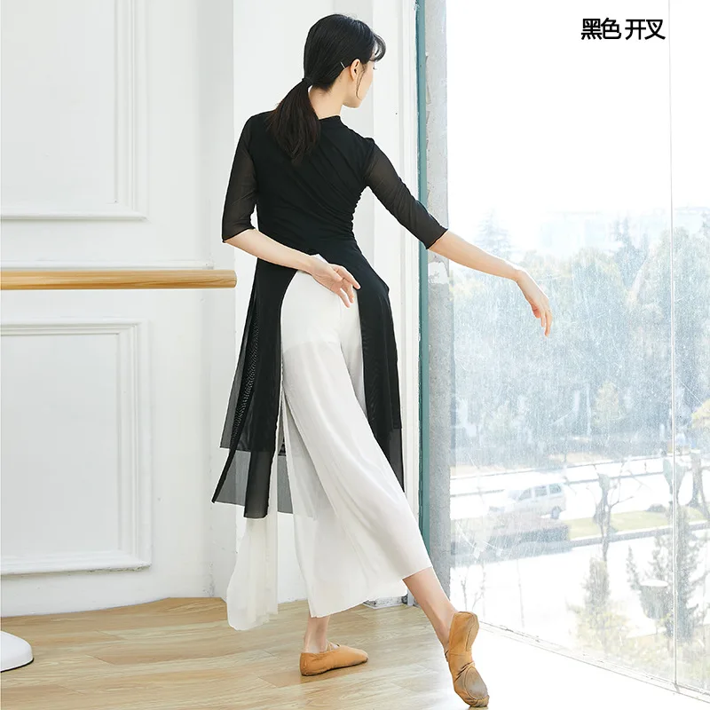Personalizado estilo chinês jazz dança moderna prática médio longo feminino clássico dupla camada fluindo fenda gaze roupas
