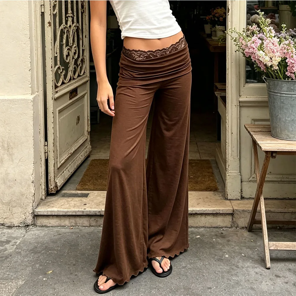 Women Vintage Aesthetic Lace Trim Wide Leg Yoga Pants Low Rise Fold Over Y2K Casual Going Out Flowy Pants Loungewear Trousers
