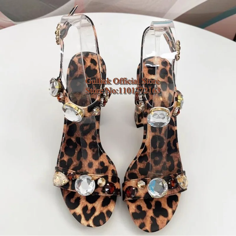 Big Gem Jewelry Open Toe Ankle Strap Lady Formal Banquet Evening Shoes 10cm Newest Leopard Chunky Heels Sandals