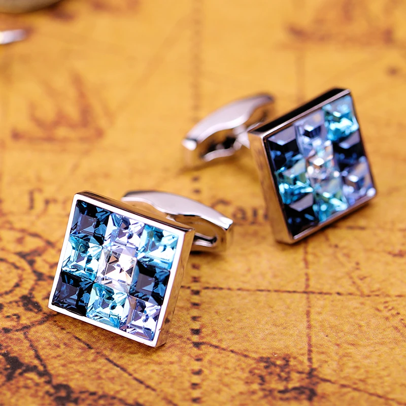 KFLK Jewelry shirt cufflink for mens Brand Fashion Blue Crystal Cuff link Luxury Wedding Groom Button High Quality guests