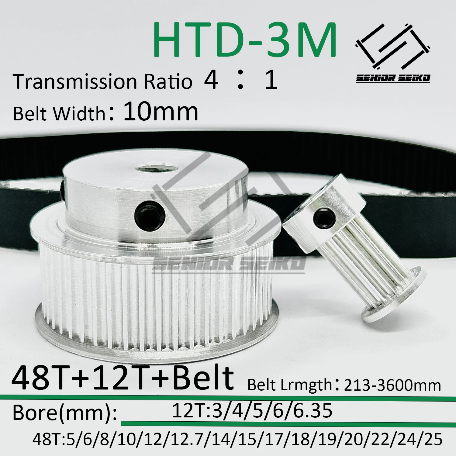 HTD3M 48Teeth 12T 12Teeth 48T Timing Pulley Belt Set Belt Width 10mm Bore 3~25mm Reduction 4:1 3M Pulley Kit Synchronous Wheel