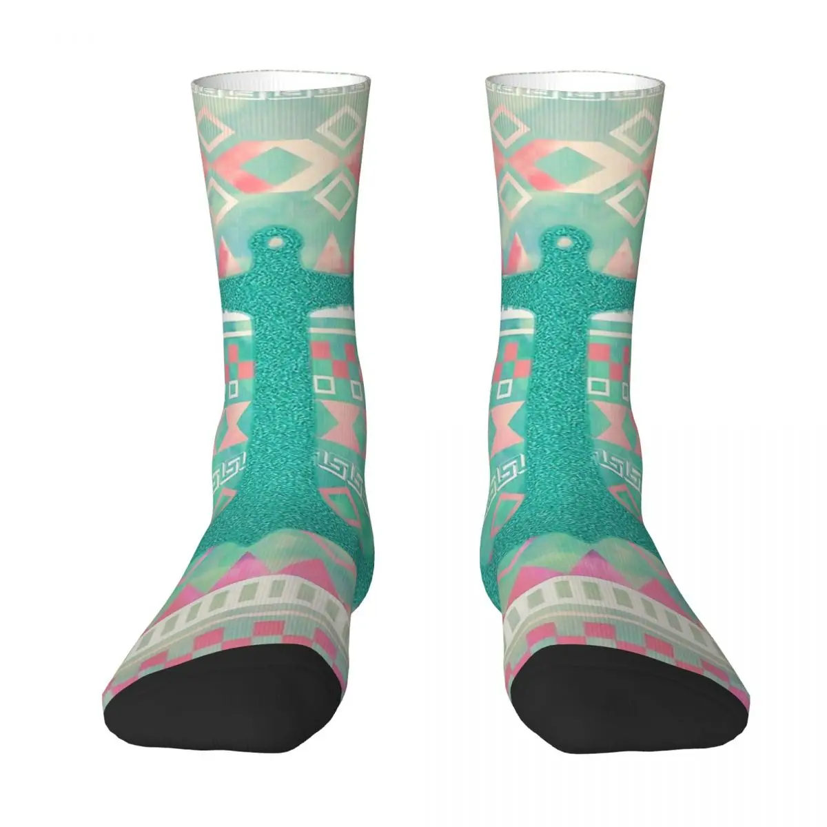 Emerald Nautical Anchor Pastel Watercolor Aztec Geometric Patterns Socks Hiking 3D Print Boy Girls Mid-calf Sock