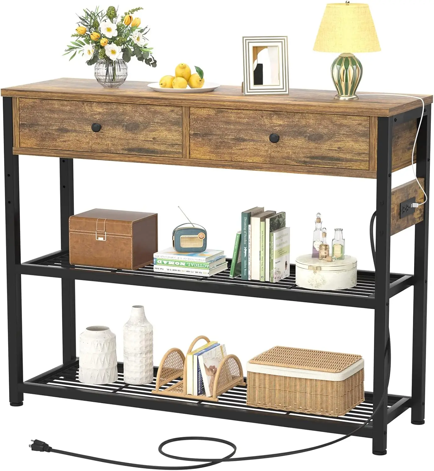 

Entryway Table with Outlets and USB Ports, Console Table with 2 Drawers, Small Sofa Table with Storage Shelves