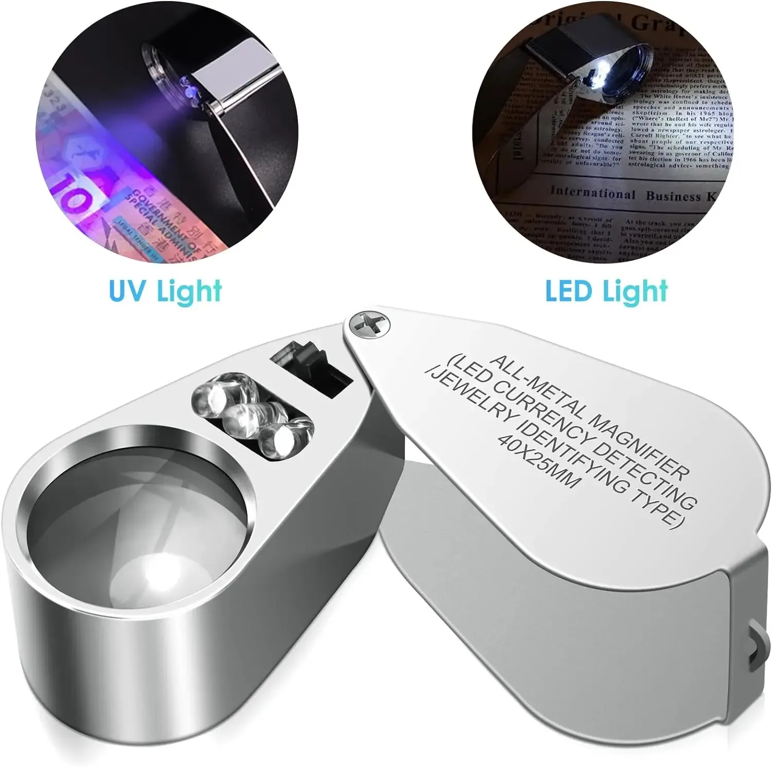 40X LED/UV Illuminated Jeweler's Loupe Magnifier Pocket Folding Magnifying Glass for Close Work