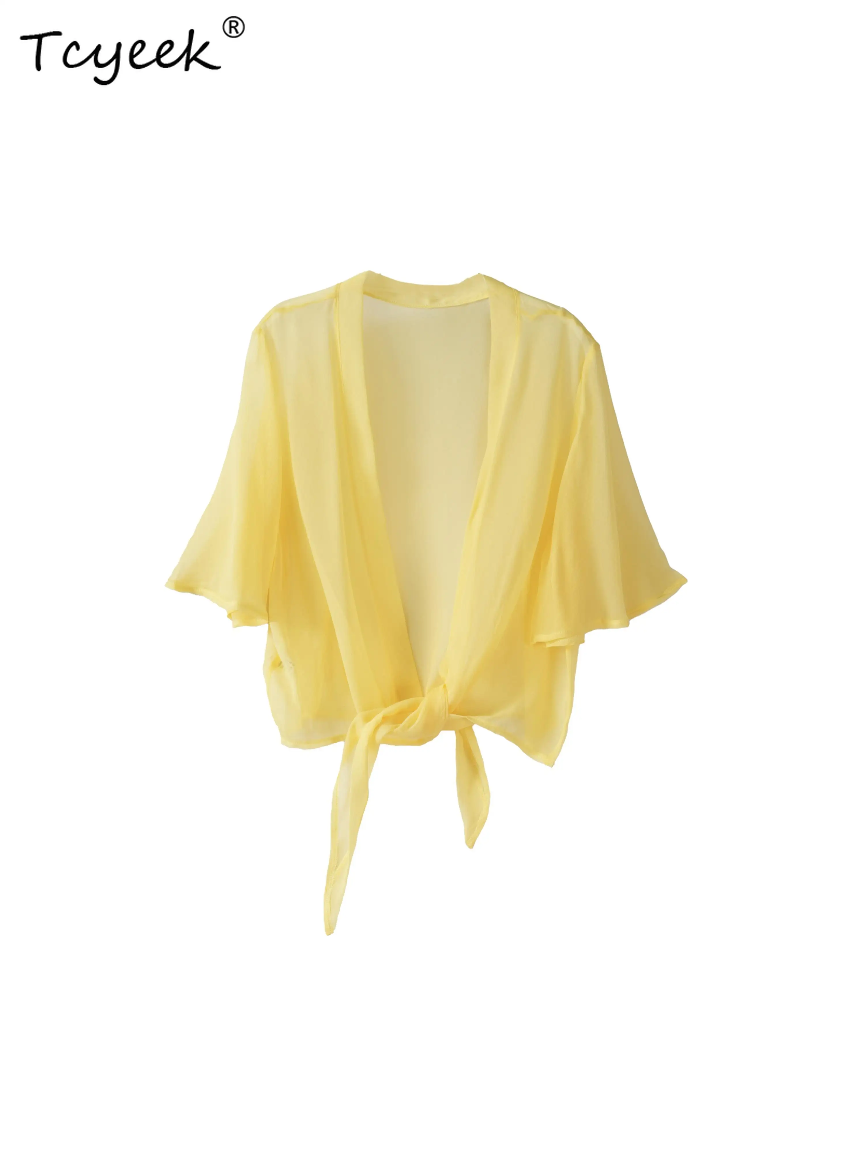 Tcyeek 100% Mulberry Silk Summer Short Sleeve Tank Top Exterior V-neck Solid Color Lace Up for Sun Protection Cardigan 여름가디건