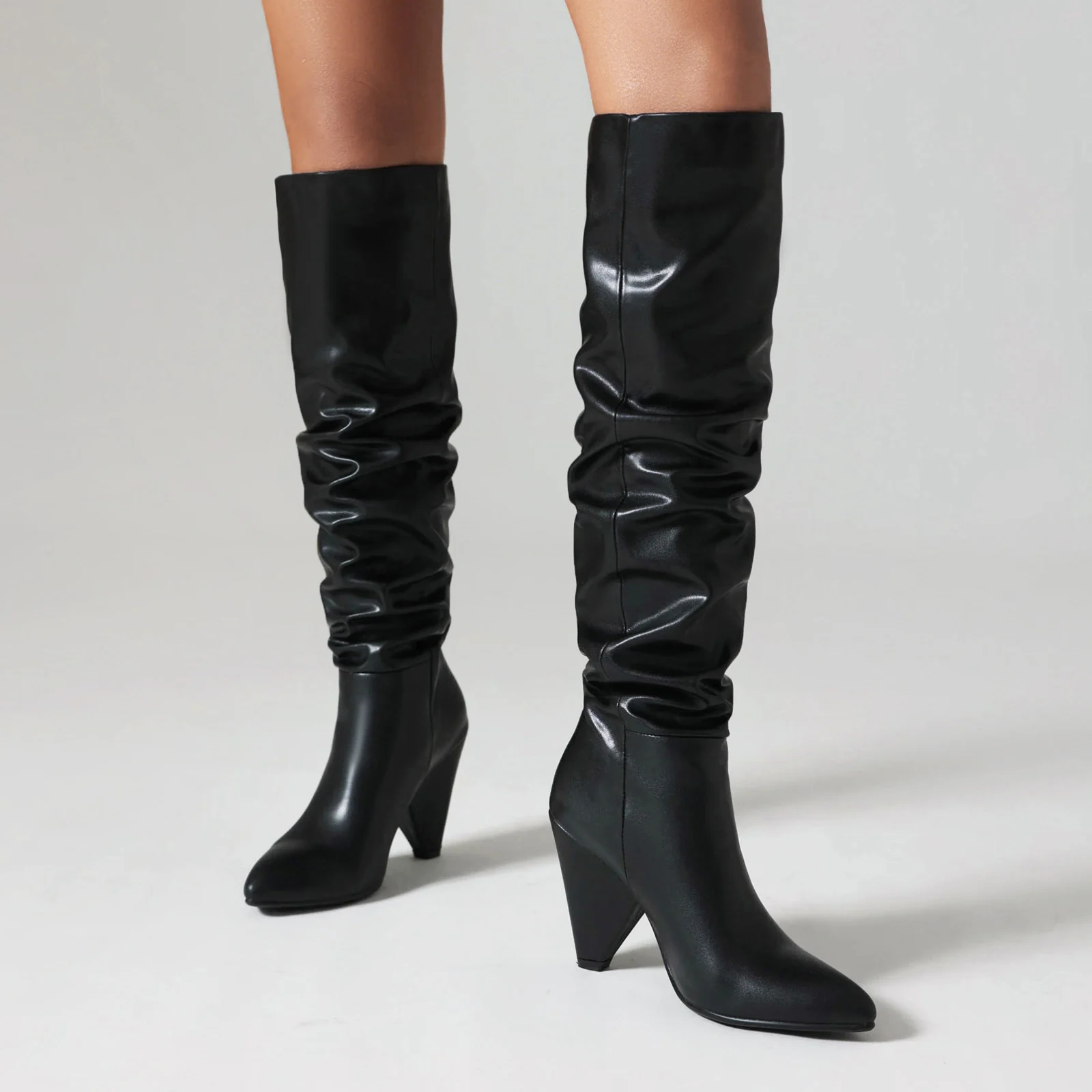 Soft PU Material Super High Tapered Heel Slip-On Knee High Boots With Pointed Sewing Plush Lining Fashion Women's Boots