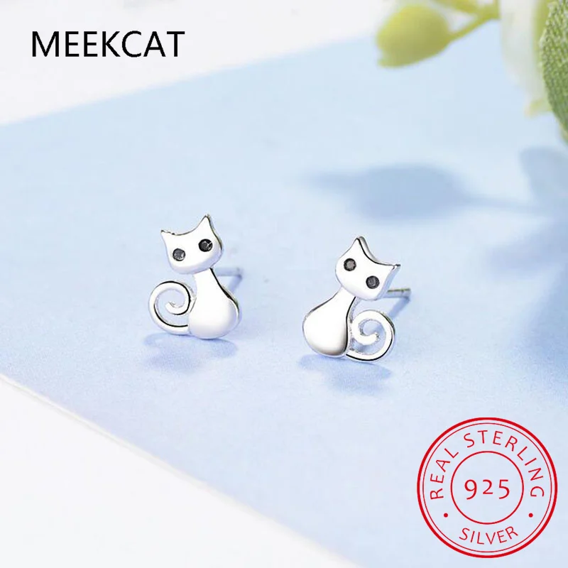 Real 925 Sterling Silver Animal Earring Sweet Cute Cat Stud Earring Brincos de Prata for Daughter Girls Fine Jewelry Gift DS3761