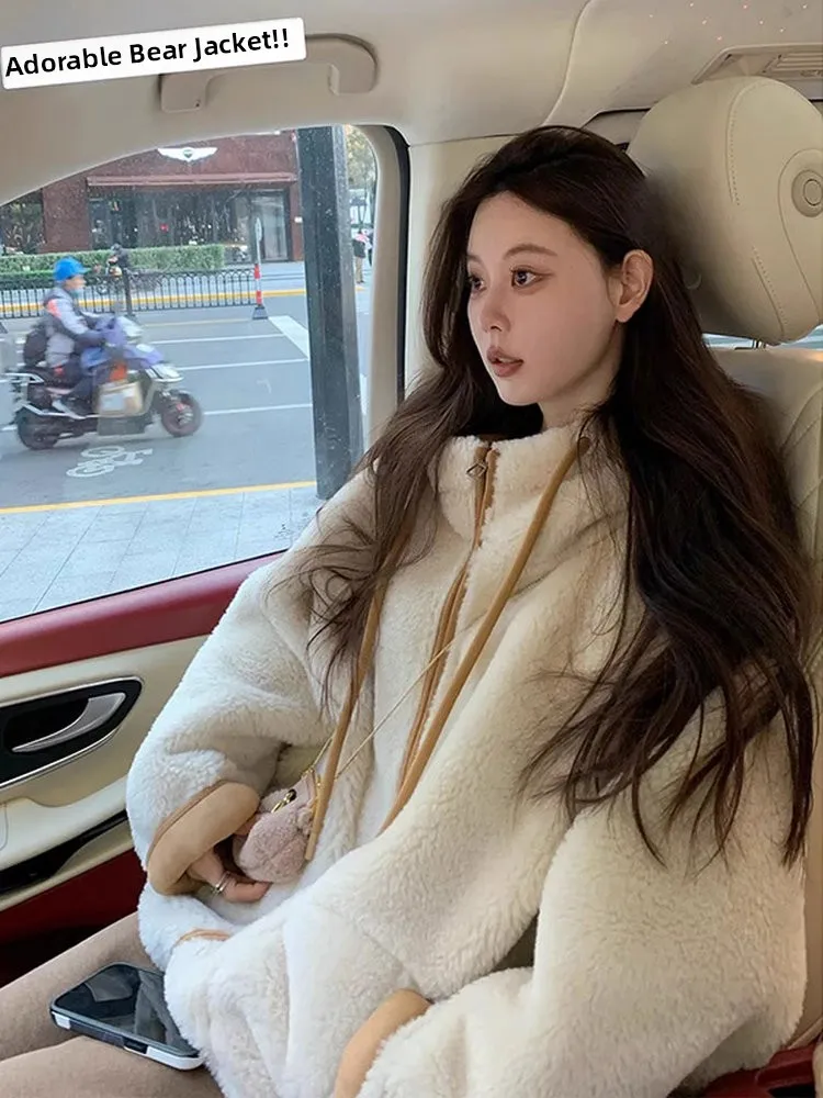 

plus Size Women's Sheepskin Jacket Thickened Long Sleeve Hooded Coat Fur Outerwear Autumn Winter Loose Fit Integrated Leather