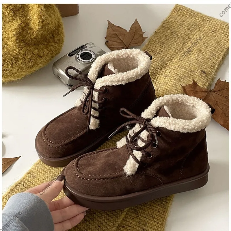 Comemore Fashion Brown Thick-soled Snow Boots Women's 2025 New Winter Padded Warm Cotton Shoe Casual Suede Lace Up Short Botines