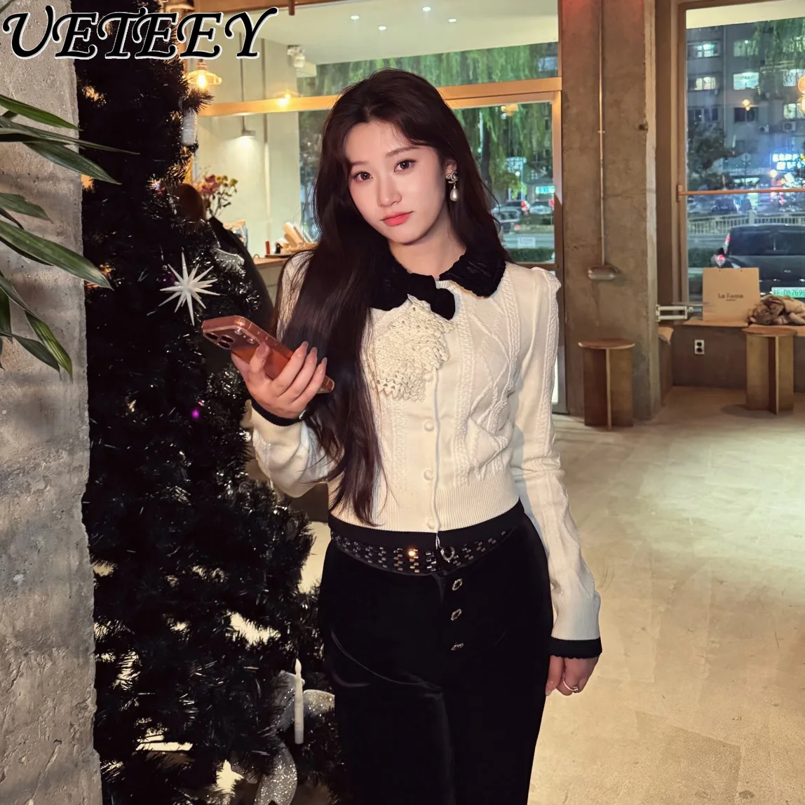 

2026 весенний новый дизайн, бархатный свитер с кукольным воротником и бантом, модный возрастной короткий вязаный кардиган с цветными блоками для женщин