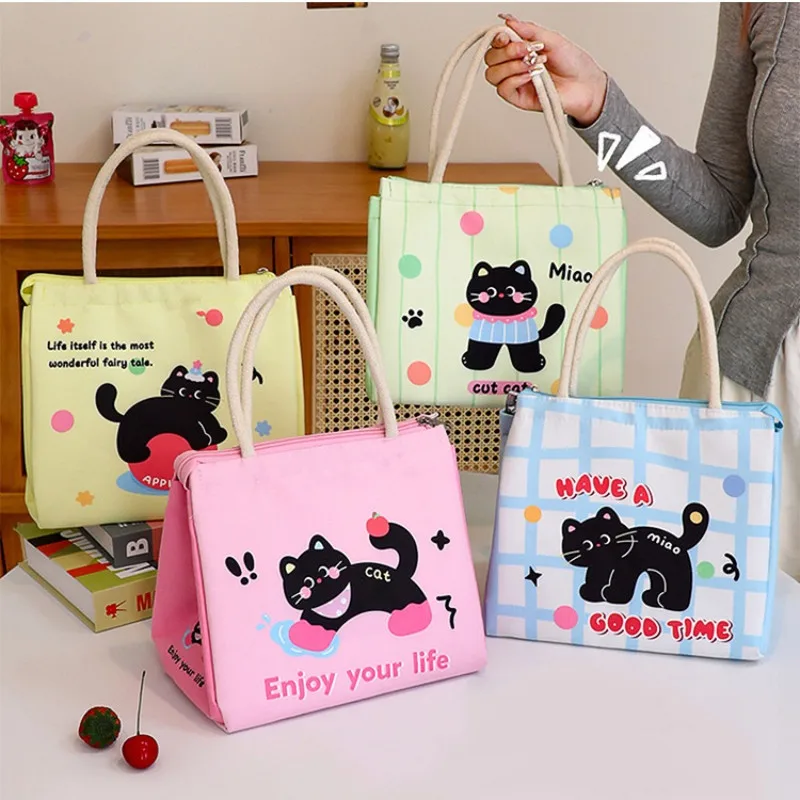 Cute Cat Thermal Bag Travel Large Capacity Thickened Insulation Lunch Handbag Durable Office Worker Student Food Storage Pouch