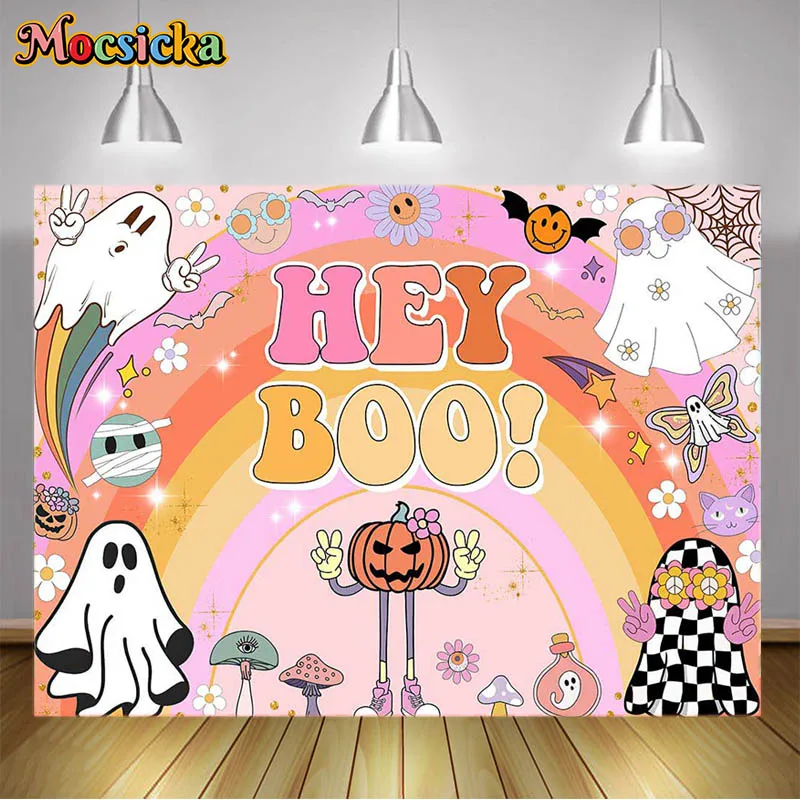 Halloween Baby Shower Backdrop Pink Hey Boo Kids Birthday Bash Backgrounds Cute Ghost Retro Groovy Rainbow Birthday Party Decor