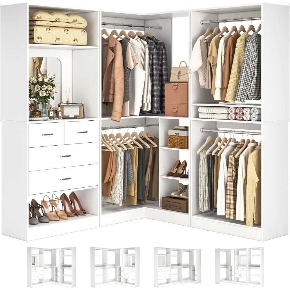 

86” Closet , Organizer with Hanging Rods and Mirror Design, Freestanding Adjustable Wood Clothes Garment Rack with Drawers