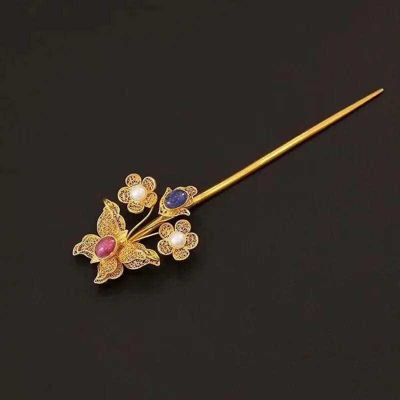 

Обратный стиль, филигрань и инкрустация драгоценными камнями, позолоченная заколка для волос с цветком, роскошный дворец, аксессуар для волос ханьфу, подарок в древнем стиле