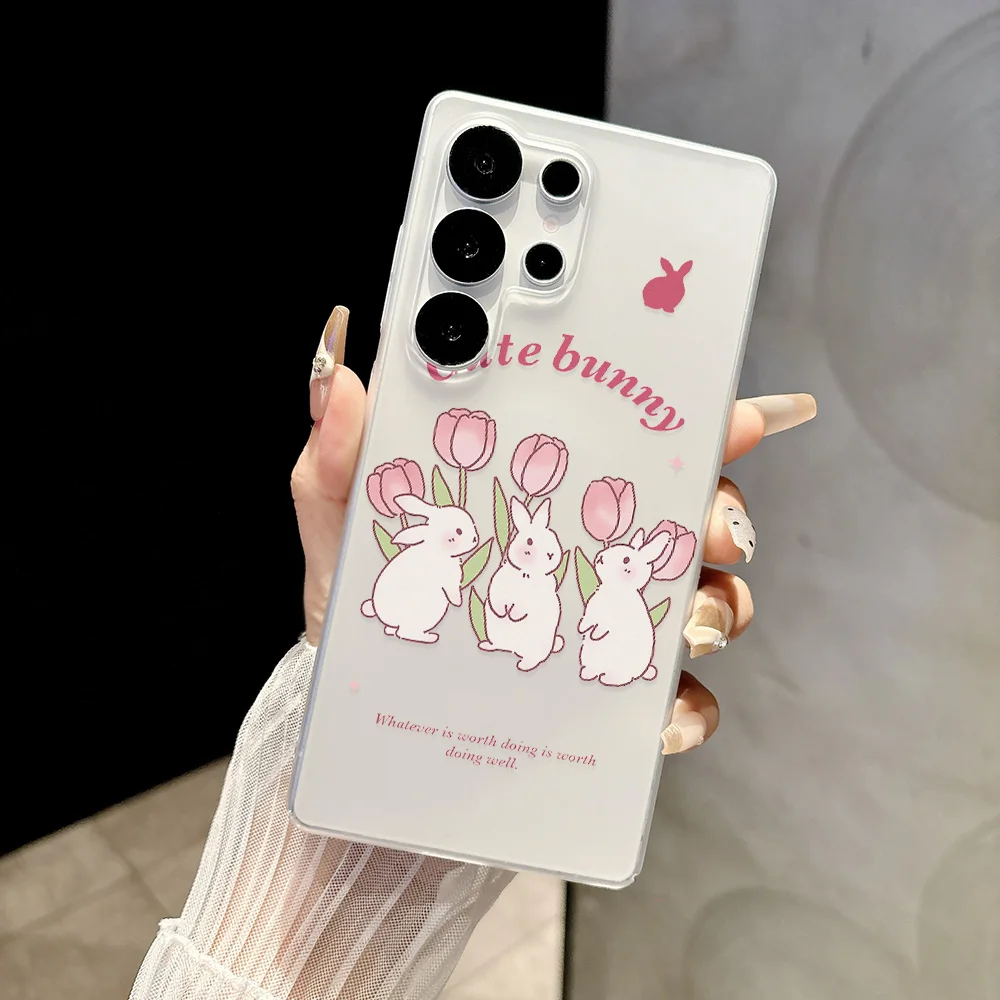Matte White Clear Phone Case for Samsung Galaxy S26 S25 Ultra S24 FE A57 5G A07 A06 A15 4G Cases Kawaii Three Bunnies and Tulip