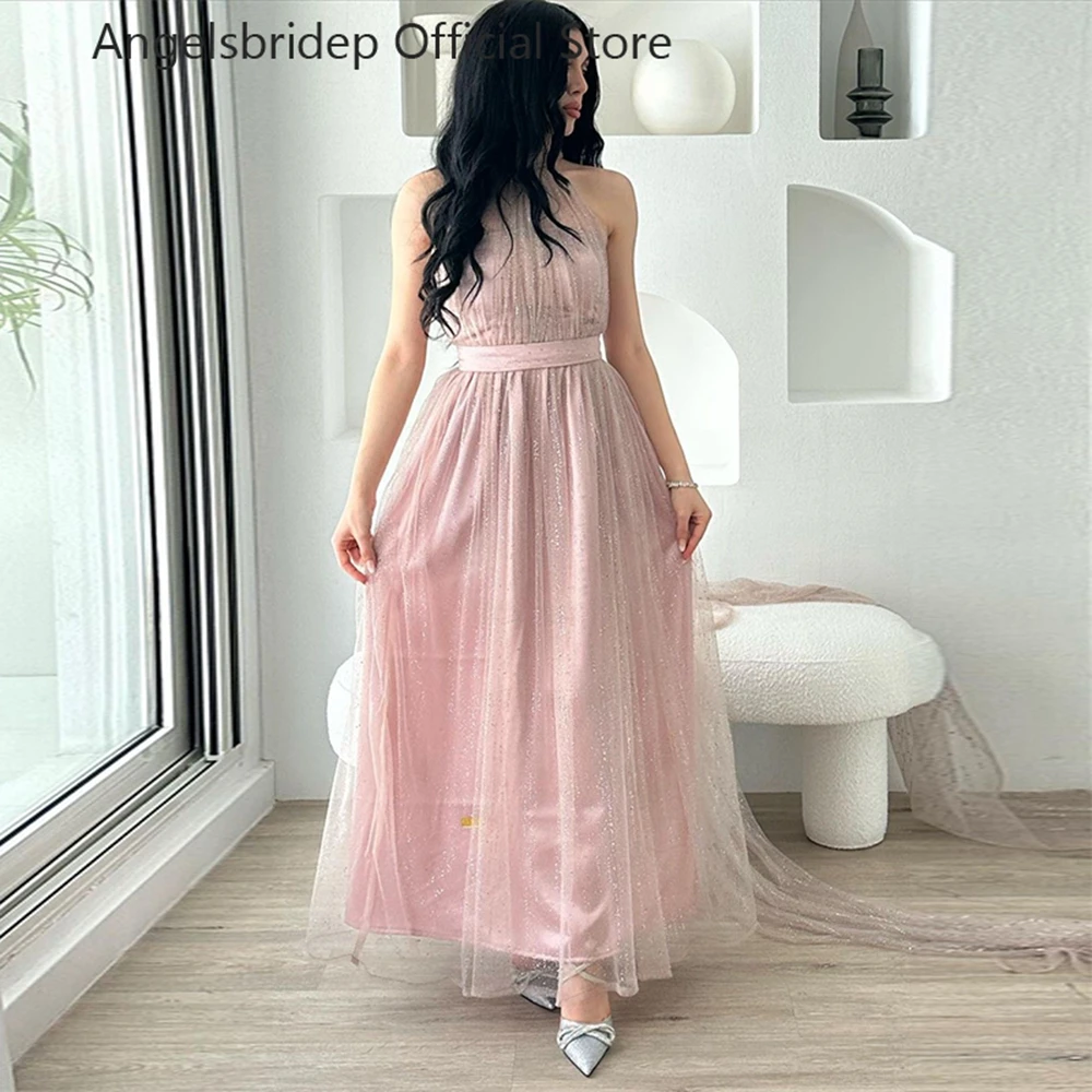 

Angelsbridep Pink A-line Evening Dresses Glitter Tulle Halter Robes De Soirée Ankle Length Dubai Vestidos De Gala Party Dresses