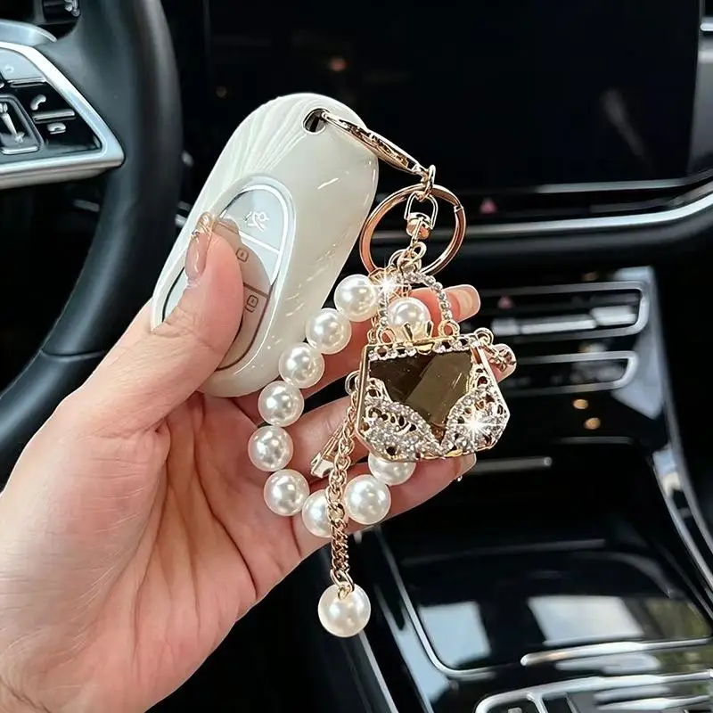 Luxuriöser Zirkon-Besetzter Perlen-Schlüsselanhänger, Eleganter Taschenanhänger, Kratzfester Schlüsselring für Damen-Party-Taschen-Dekoration – Detail 5
