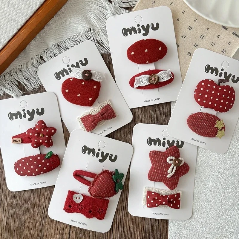 

Korean Sweet Versatile Red Apple Bow Hair Clips for Girls Fabric Polka Dot Design Cute Side Barrettes Non Slip Hair Accessories