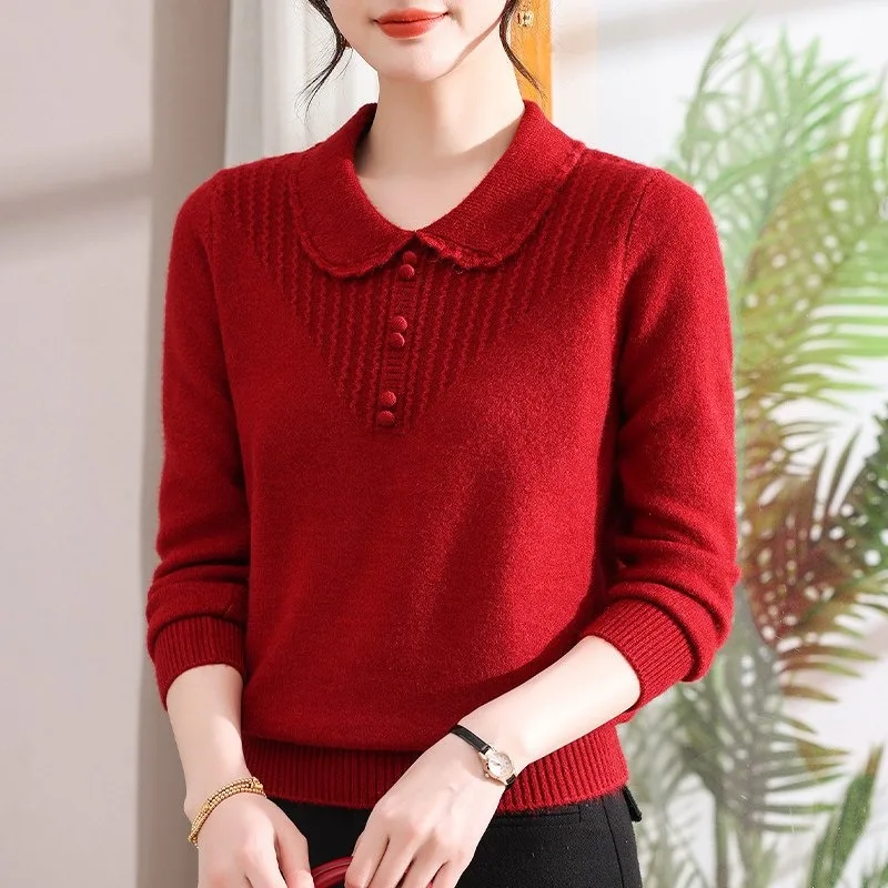 Women Peter Pan Collar Knit Sweater Winter Thick Warm Loose Long Sleeve Base Top For Middle Aged Ladies