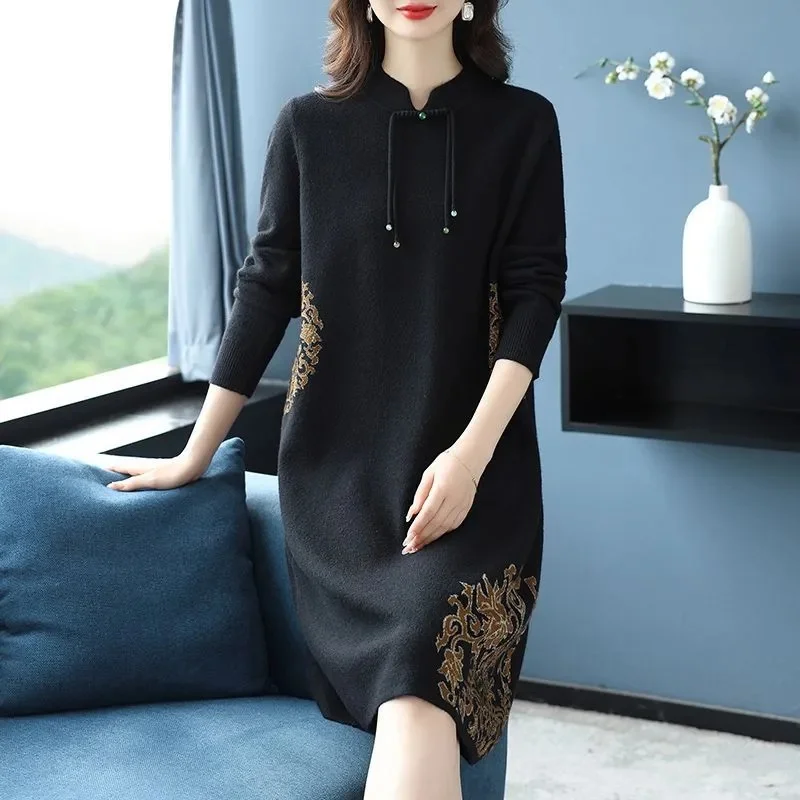 Jesienno-zimowa sukienka swetrowa z kołnierzykiem cheongsam, damska, dzianinowa, długa, luźna, elegancka sukienka dzianinowa, sukienki damskie, vestidos