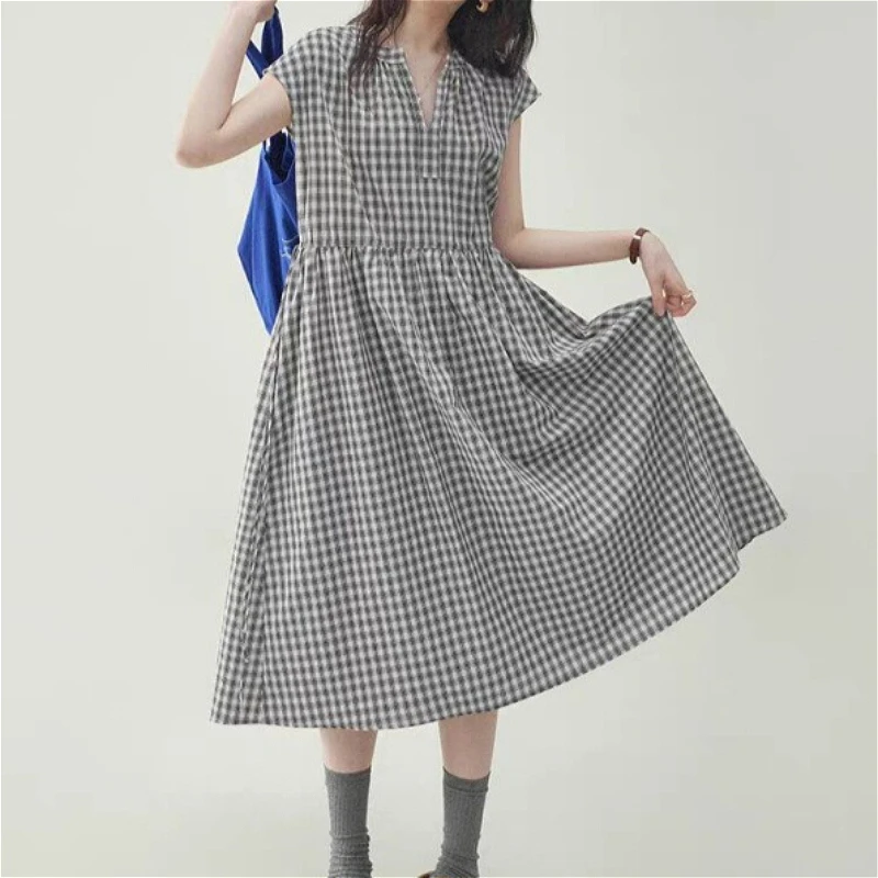 

Knee Length Dress Women Dresses A Line Vestidos Y2k Streetwear Plaid V Neck Short Sleeve Elegant Splice Party Night Work 2026