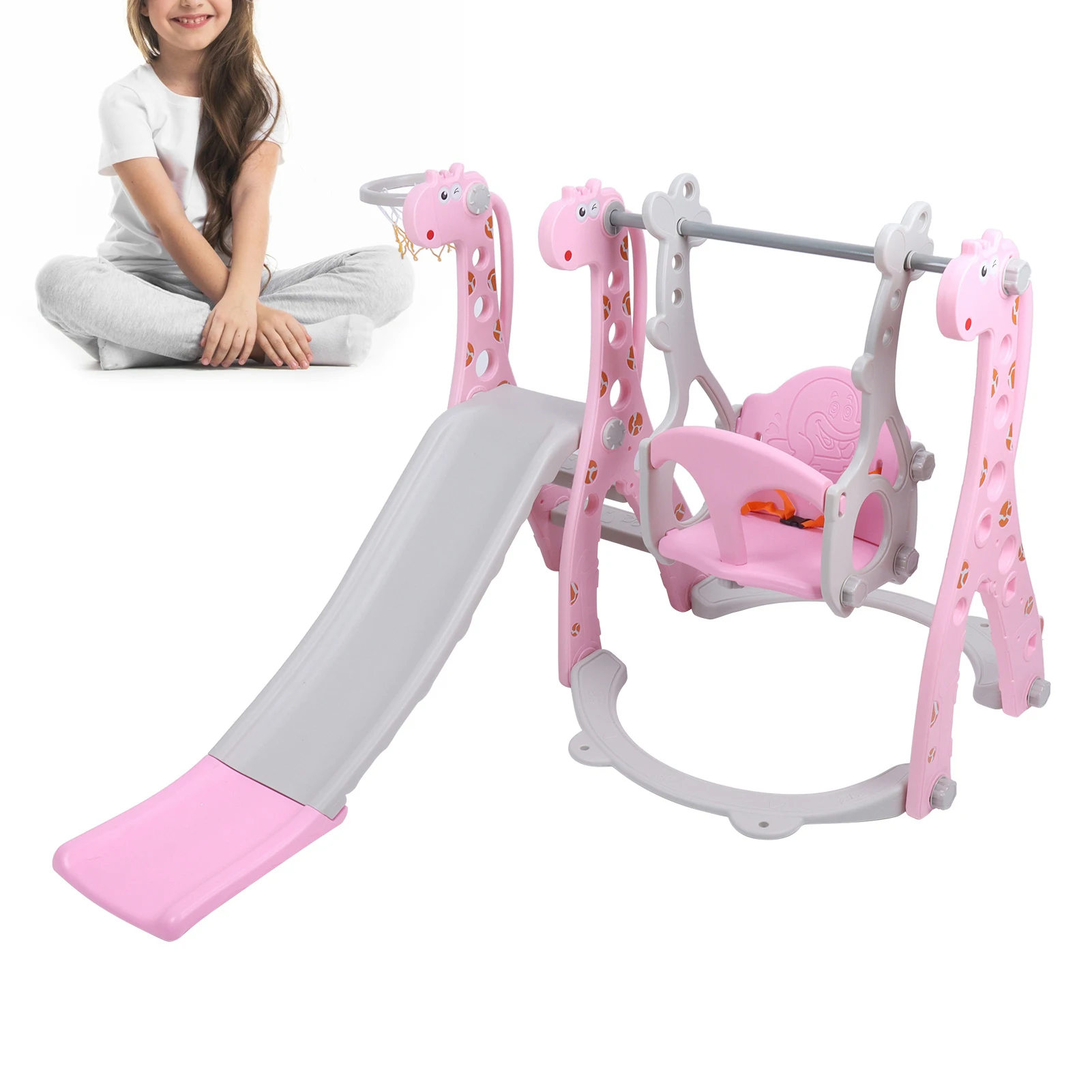 Balanço de escalada infantil com aro de basquete, rosa Play Slide para crianças, interior e exterior