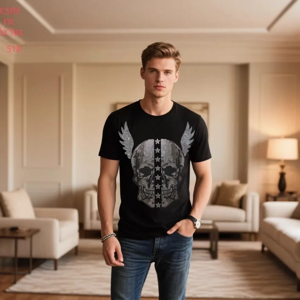 

2025 футболки с коротким рукавом, мужская брендовая одежда, звезды, черепа, стразы, круглый вырез, тонкие футболки, модная мужская уличная одежда, большие размеры 4XL