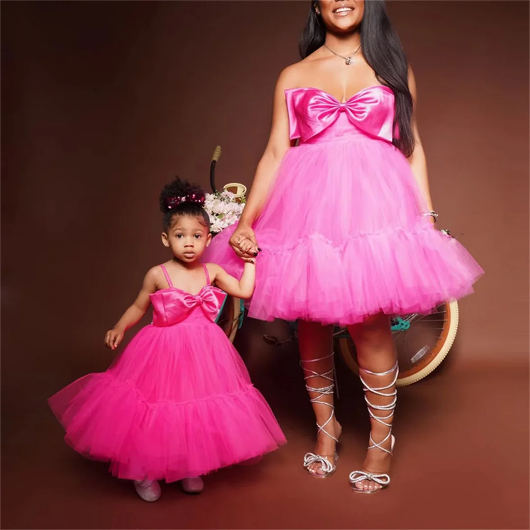 Mother And Kids Tulle Dress Sweerheart Puffy Mom And Daugher Tiered Big BowsTutu Birthday Dress For Photo Shoot Custom
