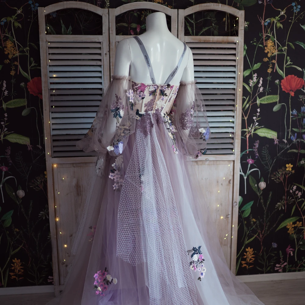 Fairy Lavender Sweetheart Tulle Prom Dresses Puff Sleeves Floral Appliques A-Line Formal Party Dresses Long Prom Gowns