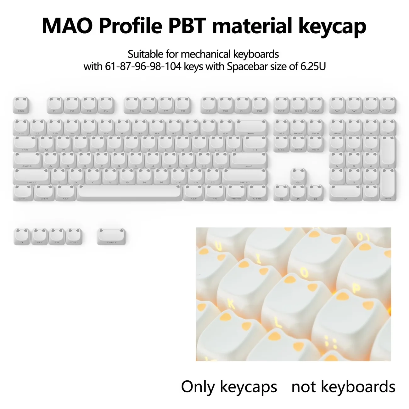 Cute Cat MAO Profile PBT Backlit Keycaps 6.25U Spacebar Side Printed DIY Keyboard Accessories Compatible with Various Mechanica
