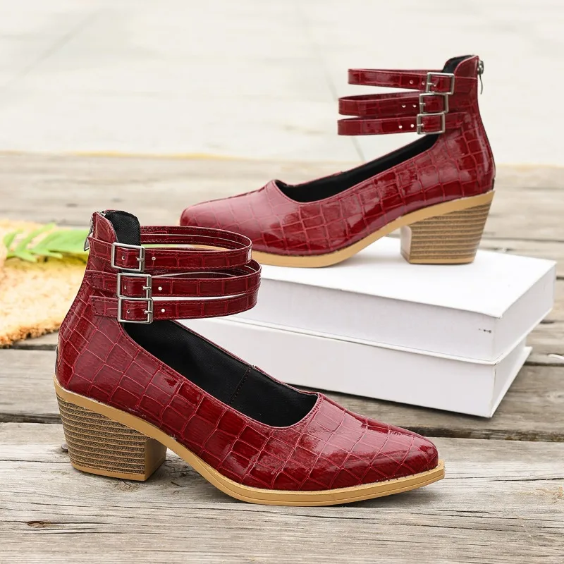 

Shallow Mouth Metal Buckle Zipper Block Heel Heightened Plus Size Women's Shoes Summer Pointed Toe Single Shoes