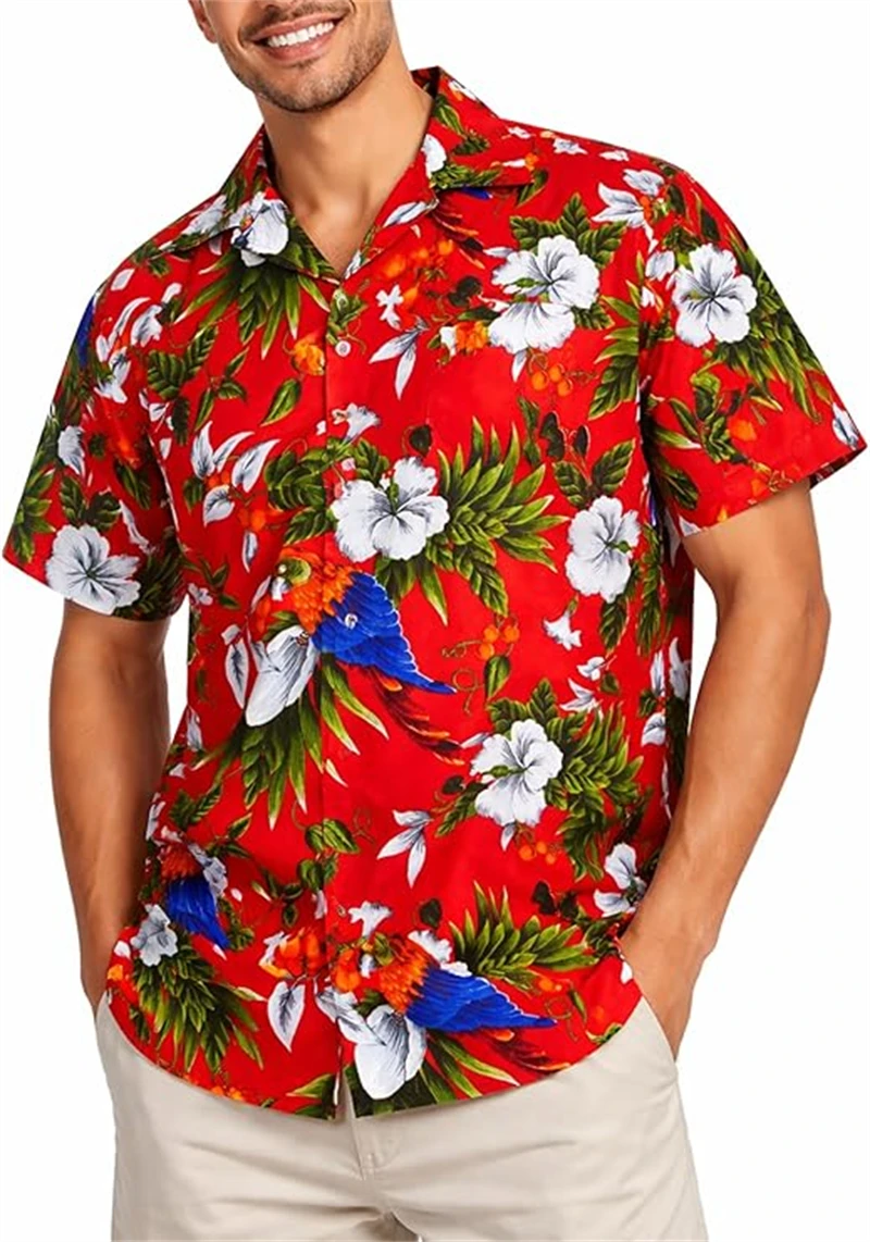 Men's Tropical Parrot Hawaiian Shirt Flower 3D Print Casual Short Sleeve Button Down Lapel Summer Shirt For Beach & Vacation