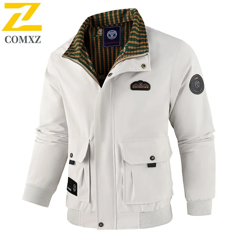 COMXZ Embroidered Stand Collar Jacket Men Trendy Streetwear Handsome Casual Hooded Coat Multi Pocket lightweight windbreaker