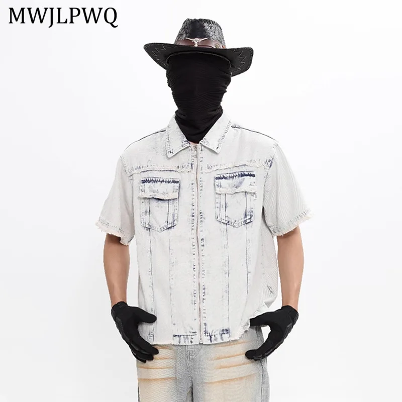 

MWJLPWQ American Style Rough Edge Design Denim Jacket Short Sleeve Men's Lapel Summer High Street Simple Loose Casual Tops 11120