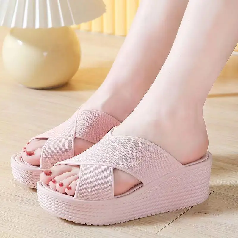 2024 Summer New Woman\'s One Word Hollow Wedge Slipper Thick Sole Non Slip Home Slip Outdoor Beach Slippers Bathroom Slippers