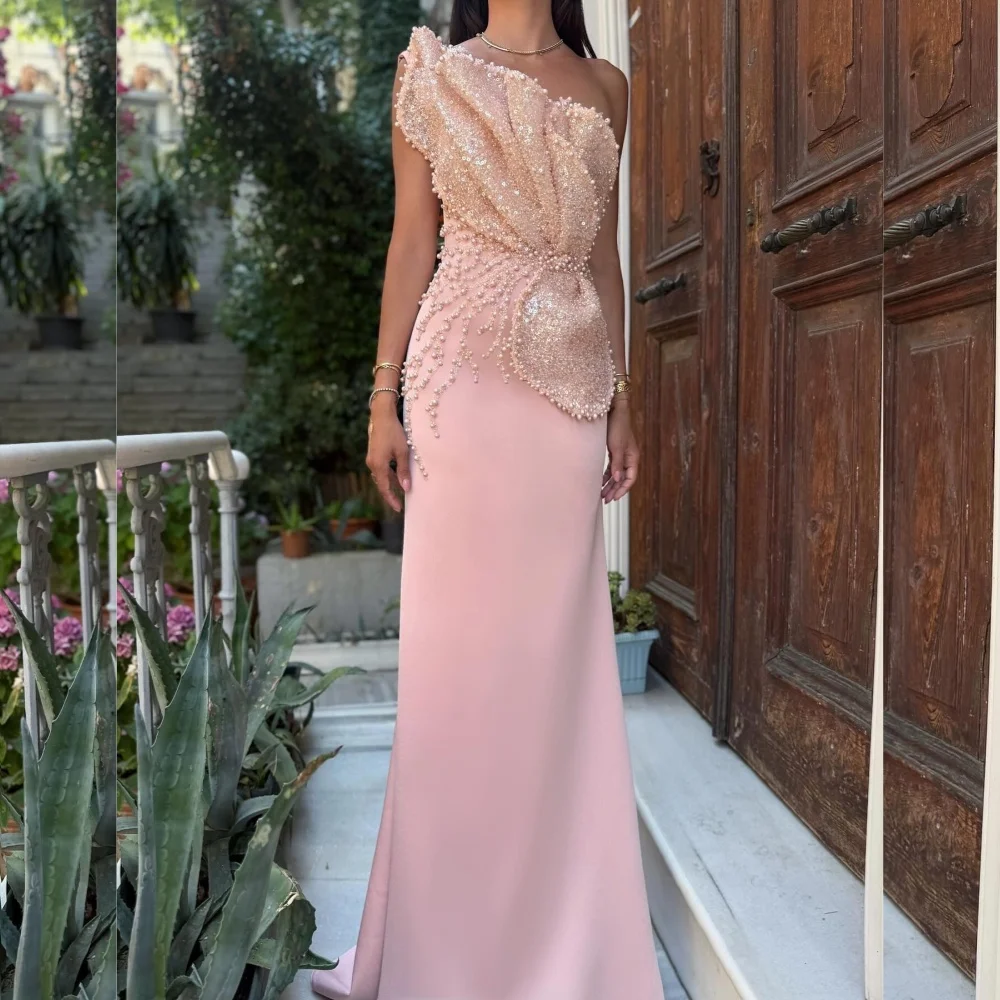 

Customized Modern Style Jersey Pearl Trumpet One-shoulder Long Dresses Bespoke Occasion Elegant Matching