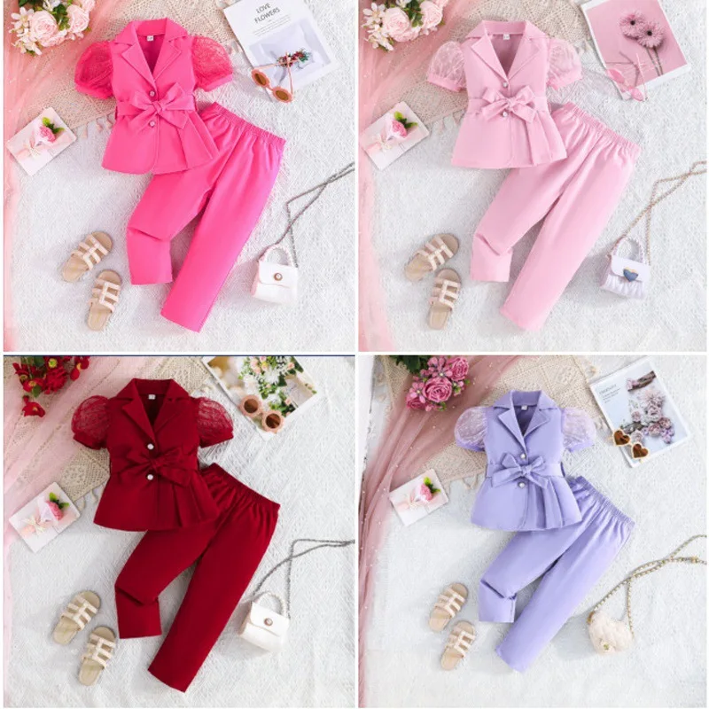 Girls Puff Sleeve Blazer Straight Pants Set Bow Waist Suit Wedding Performance Outfit Flower Girl Banquet Portrait Shoot ZYD47